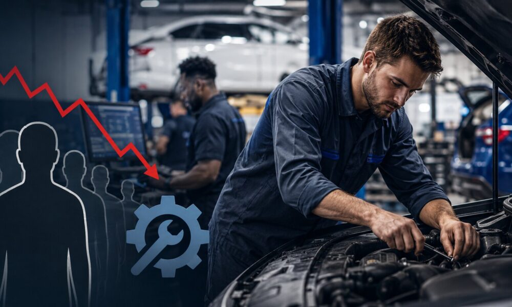 automotive technician working on complex vehicle as dealerships face growing skilled worker shortage